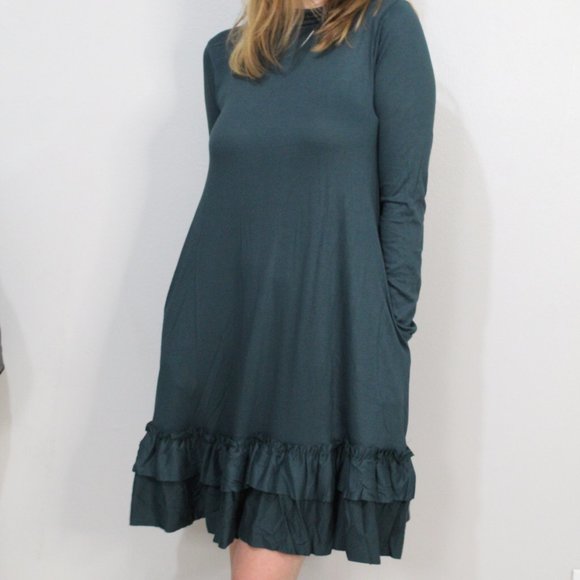 'Keepin' it Cozy' Short Ruffle Hunter Green Dress - Picture 2 of 5